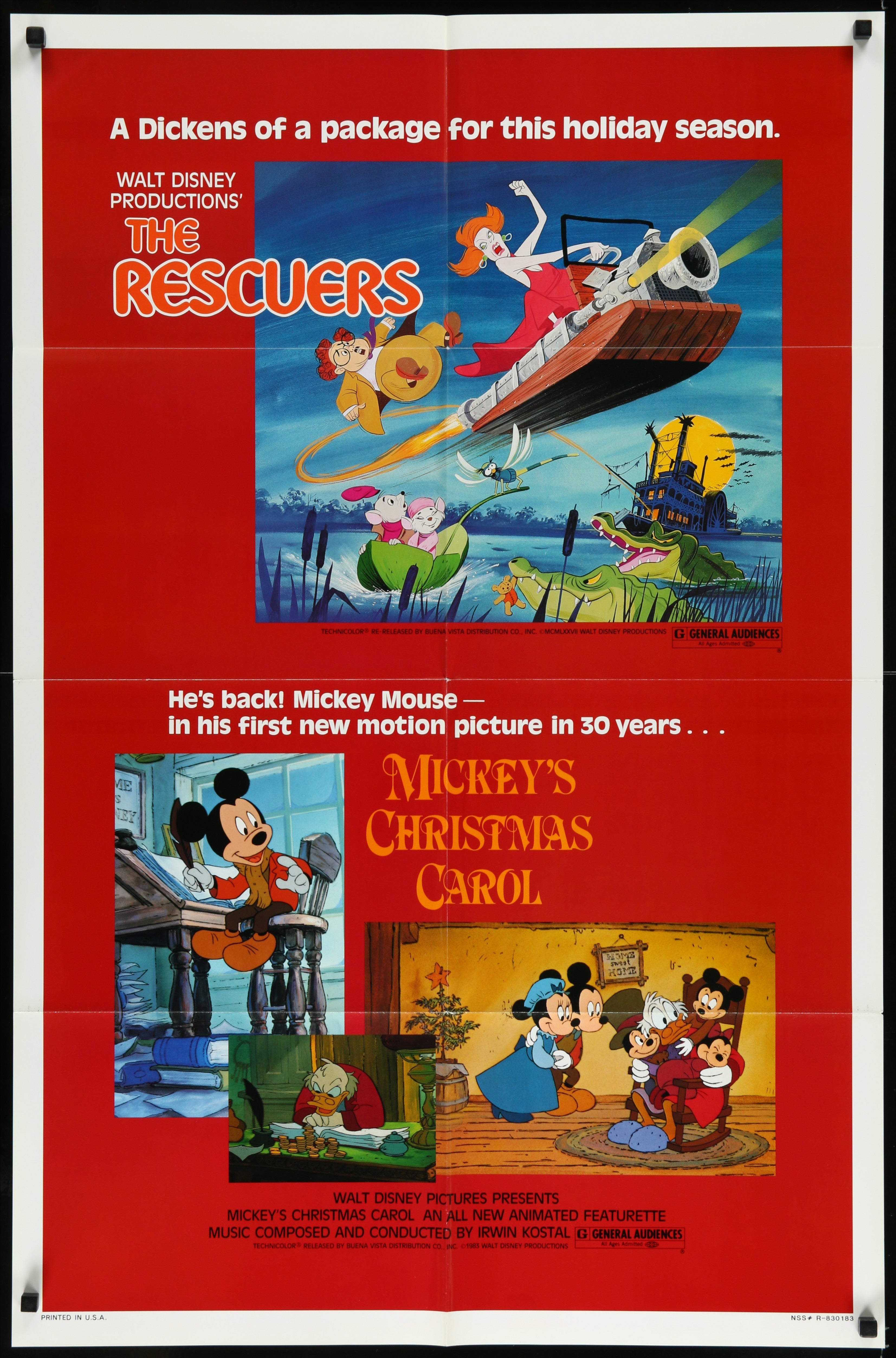 The Rescuers & Mickey's Christmas Carol (1983) Original US One Sheet Movie Poster